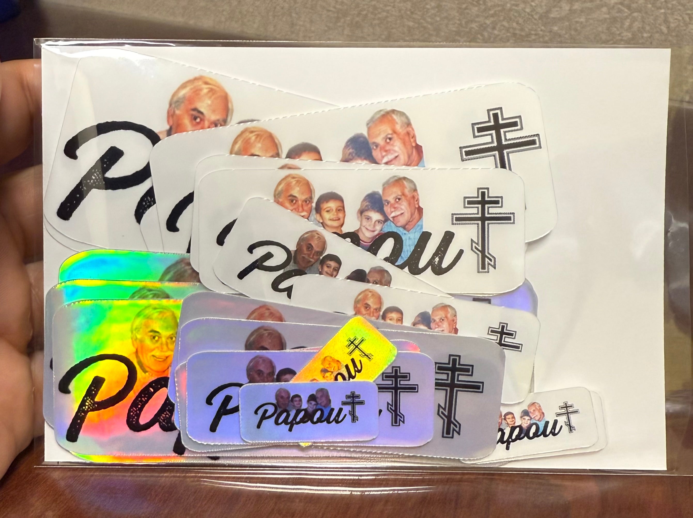 Custom family photo stickers on hockey sticks, matte white and holographic finish